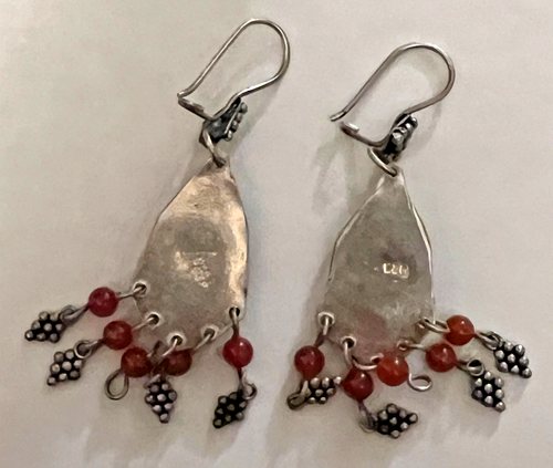 Vtg Ornate 925 Sterling Silver Carnelian Beaded Dangling Pierced Wire Earrings - Picture 5 of 6