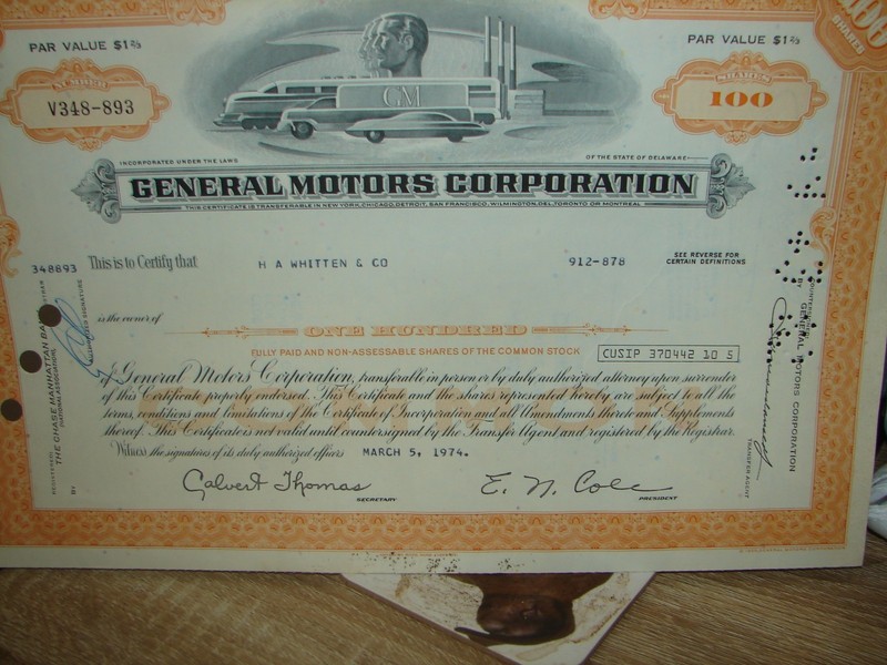 General Motors Corporation Stock Certificate 1974 100 shares orange