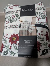 LAUREN Ralph Lauren Holiday Poinsettia Berries Cotton Tablecloth 60x 144" New