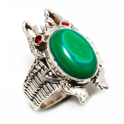 Malachite & Garnet 925 Silver Plated Frog Ring s.7 R1189-2