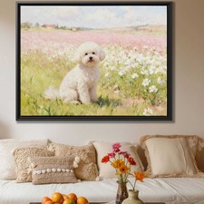 Bichon Frise Dog Oil Painting Floral Canvas Wall Art Pet Decor Happy Dog Print