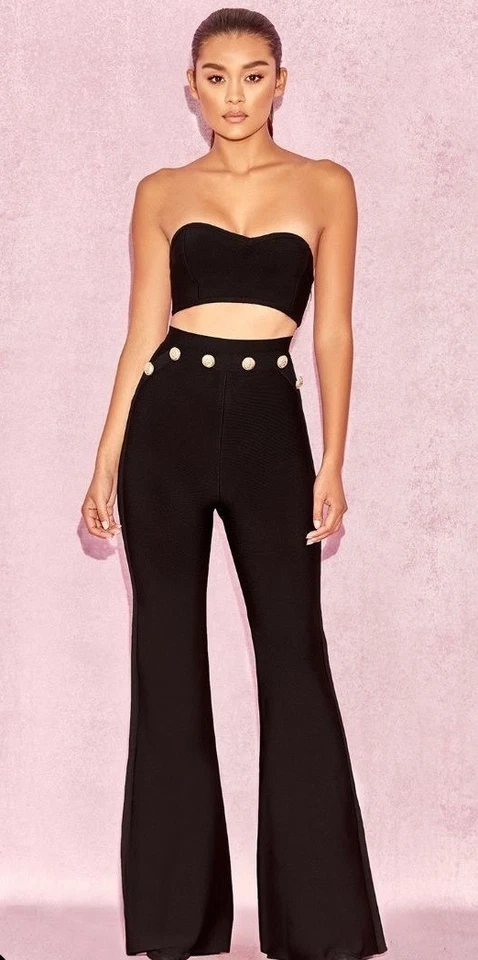 House of CB Bardot Black High Waist Bandage Flared Trouser Pants Medium NEW