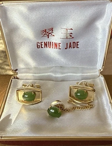 Authentic Beautiful Gold Tone Jade Cufflinks and Tie Pin- In Original Box.
