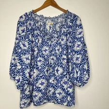 C&C California Peasant Blouse Womens Size L Blue Floral Relaxed fit Linen Blend