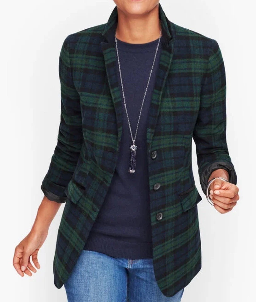 Talbots 6P Green Black Watch Tartan Plaid Long Wool Blend Blazer Jacket NEW - Image 2 of 4