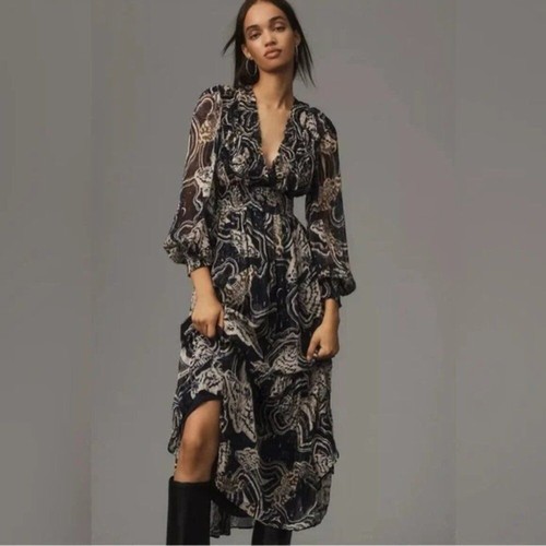 Printer Johnson Anthropologie Abstract moth print tiered maxi dress long sleeve