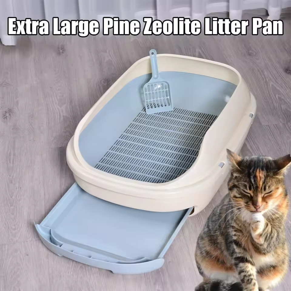 Litière chat tiroir grand format avec toit grille anti-trace de pattes