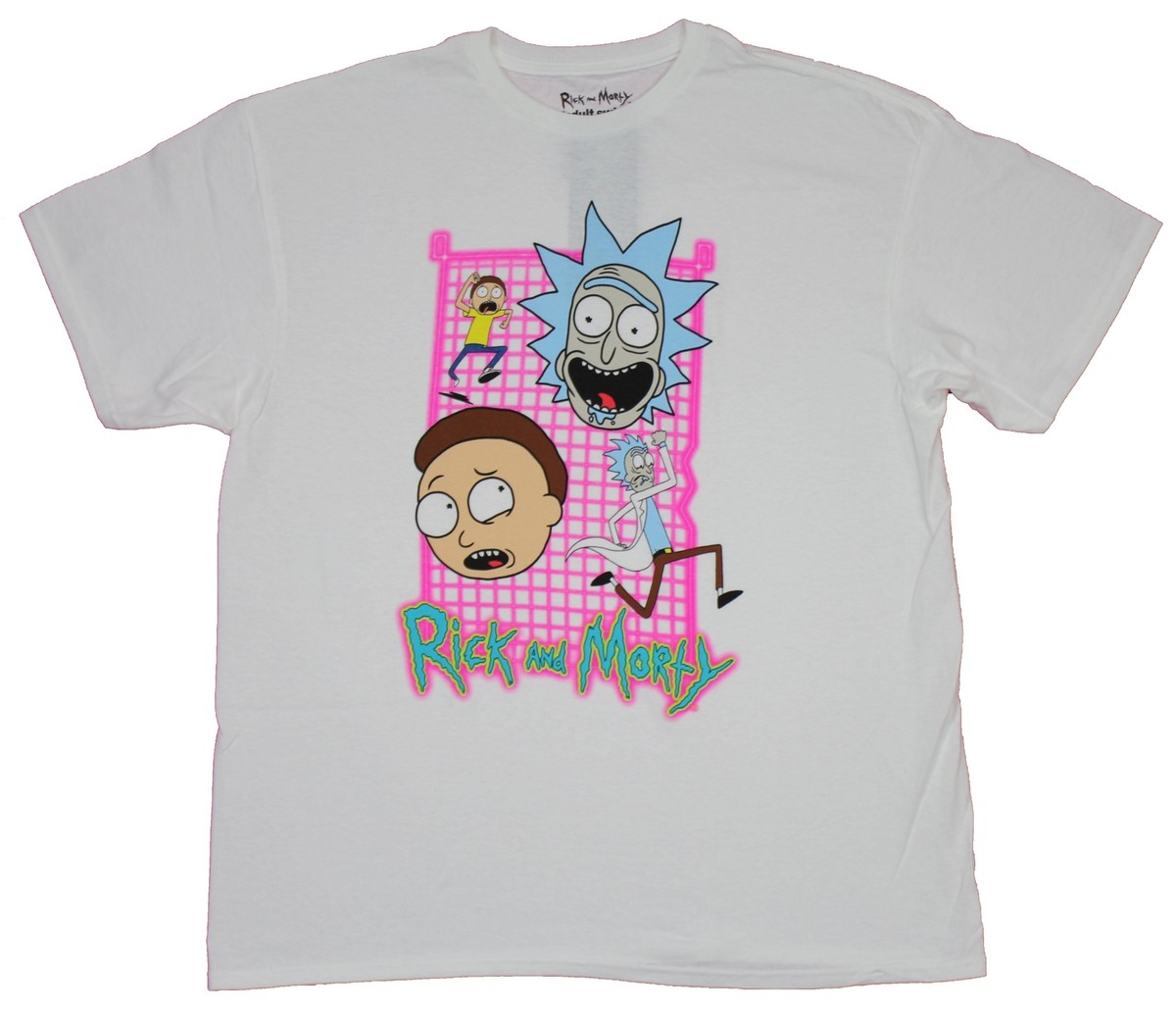 Rick & Morty Adult New T-Shirt - Running Big Heads on Pink