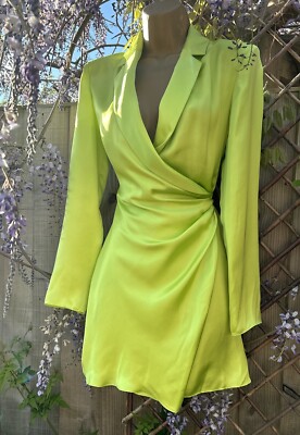 Zara Zingy Lime Green Straight Slinky Lined Satin Blazer Size S