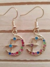 Gold Crescent Moon And Star Earrings. Cubic Zirconia. Hypoallergenic Hooks.