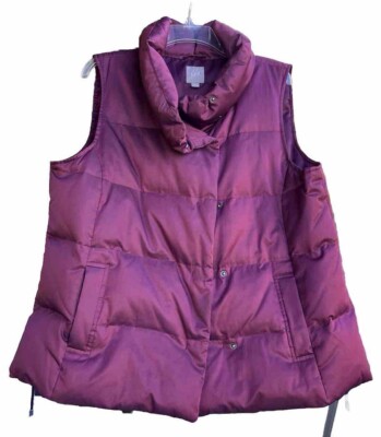 J Jill Down Puffer Vest Womens Size L Burgundy Snap front Cowl Neck