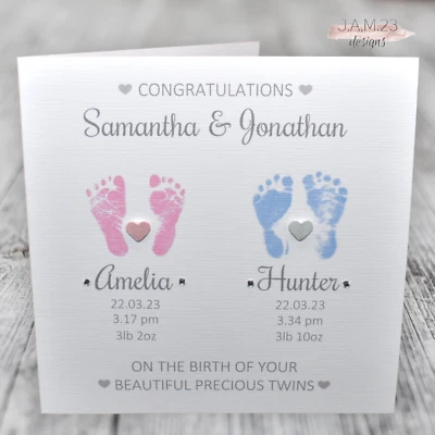 J.A.M. 23 DESIGNS Personalised New Baby Twins Birth Congratulations Card ANY COMBINATION