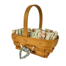 Longaberger Parsley Booking Basket, Stand Up Ruffled Liner & Pewter Heart Tie On