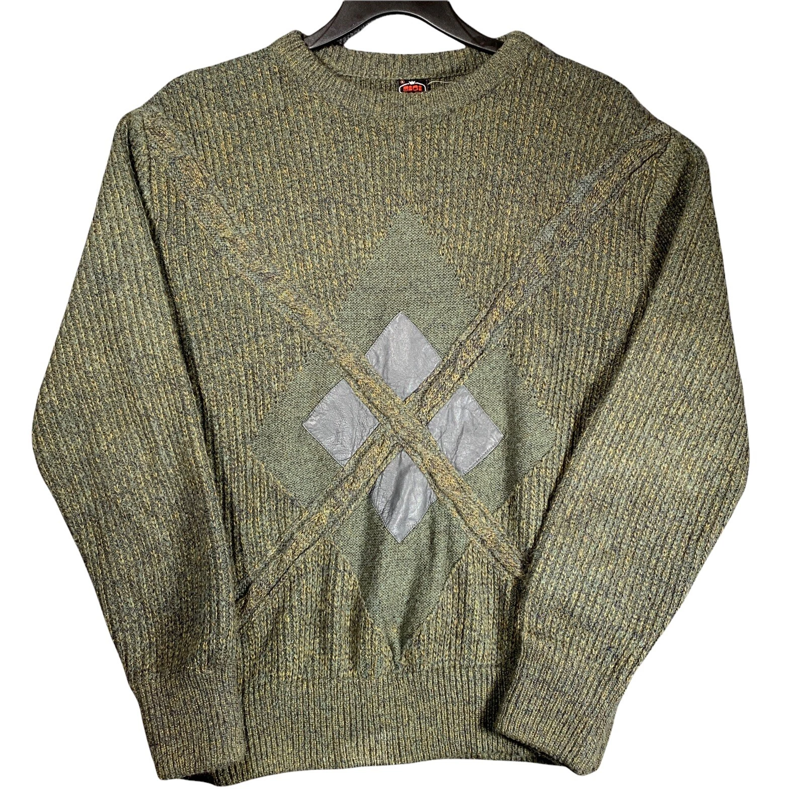 Vintage Osmanbey Sweater Mens M Green Midi Wool Leather Crewneck Pullover