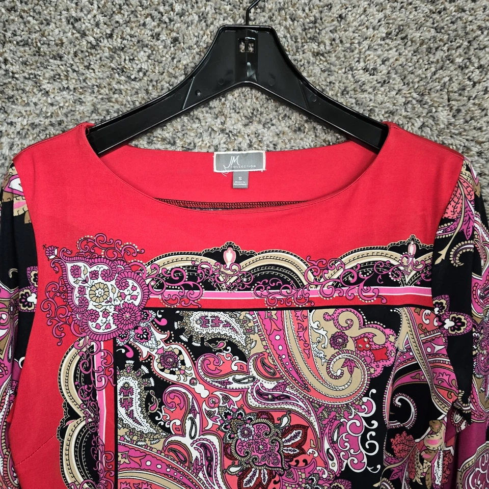 Blusa adornada túnica estampada cachemira roja rosa pequeña de la colección JM para mujer Foto 4 de 4