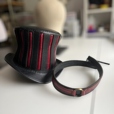 Black and Red Leather Top Hat - The Red Mad Hatter- 22.5” Black and Red Leather Top Hat -The Red Mad Hatter- Hand  main image 2