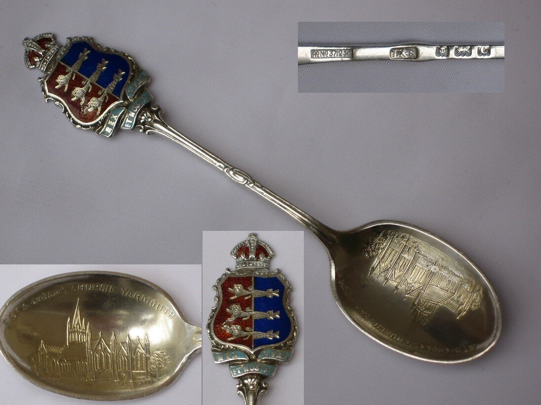 Edwardian 1902 Sterling Silver and Enamel Spoon Yarmouth crest and