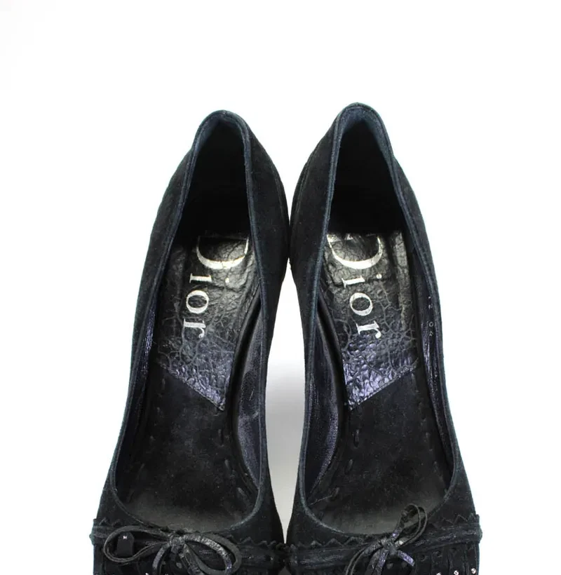 Sandalias de aguja Christian Dior para mujer punta abierta gamuza flecos negras talla 36,5,6,5 Foto 2 de 4