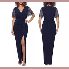 NWT 269 BETSY  ADAM  6  Ruched Ruffle Beaded Sleeve Gown in Navy Blue S648