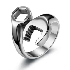 Stainless Steel Biker Mechanic Spanner Wrench Tool Ring Mens Wedding Band 7-13