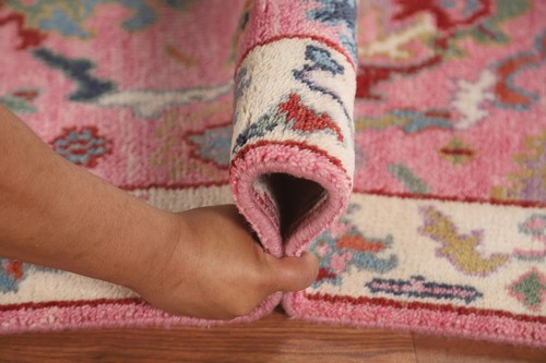 Pink Hand-knotted Oushak Oriental Runner Rug 2' 6" x 7' 10" Floral Wool Carpet - Picture 17 of 19