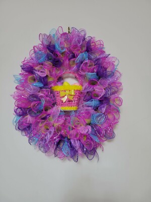 EASTER egg basket blue yellow purple pink SPRING Wreath Deco Mesh Door window 