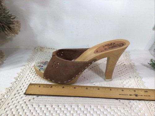 Sandali vintage CANDIES tacco alto slide~camoscio marrone ritagliato~taglia 6M~Made Italy - Foto 14 di 21