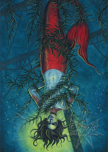 IMPRESIÓN Arte Fantasía Carta del Tarot El ahorcado Sirena Algas No Binarias Azul Rojo - Imagen 4 de 5