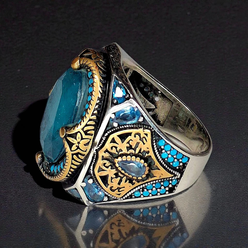 Anel turco feito à mão de jade, turquesa, latão e prata esterlina 0,925, tamanho 10,5. - Imagem 3 de 4