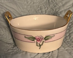 Limoges Hand Painted Butter Dish Berry Bowl Strainer; Artist Signed Roses Gold