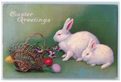 c1910's Easter Greetings Bunny Rabbit Basket Eggs Flowers Antique Postcard