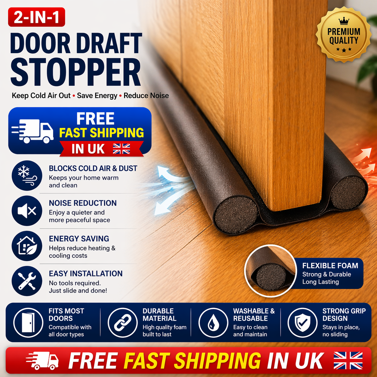 Double Under Door Draught Excluder Draft Stopper 96cm Adjustable Waterproof