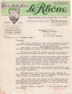 69 VERNAISON Chocolatier LE RHONE 1939 Confiserie