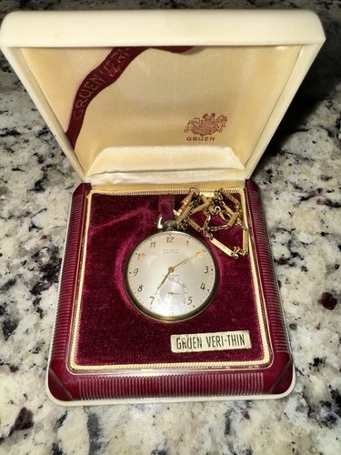 Antique Gruen Veri-Thin 17 Jewel Mechanical Pocket Watch W 10k Gold Filled Works