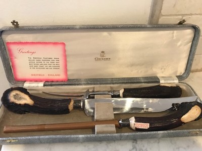 VINTAGE Sterling Silver caps Sheffield  ENGLAND 3 -PIECE CARVING SET HORN w/Box