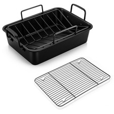 P&P CHEF 14" Roaster Roasting Pan with Baking Rack and V-shaped Rack, Stainless 