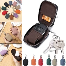 Women Men Real Leather Key Holder Coin Case Keychain Zip Purse Detachable Pouch