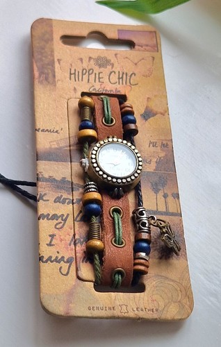 Hippie Chic California Watch Bracelet • Leather & Beads Boho NEW on Card Quartz 
