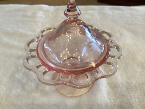 VTG Pink Depression Glass Floral Etched Candy Dish w/Pedestal Base & Lid