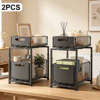 2pcs 2-Tier Pull-Out Sliding Drawer Organizer - Under Sink Organizers, Metal Bas