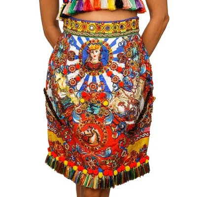 DOLCE & GABBANA Runway Carretto Kristall Perlen Rock Rot Blau IT 40 DE 34 S - Bild 1 von 4