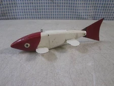 Vintage Red/White Spear Fish Decoy Wood Body Metal Fin Lead
