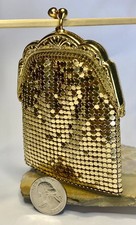 Vintage Gold Tone Metal Mesh Petite Purse with Embossed Art Deco Design