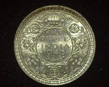 INDIA 1945-L HALF-RUPEE SILVER KM552 CHOICE UNCIRCULATED 63~E28