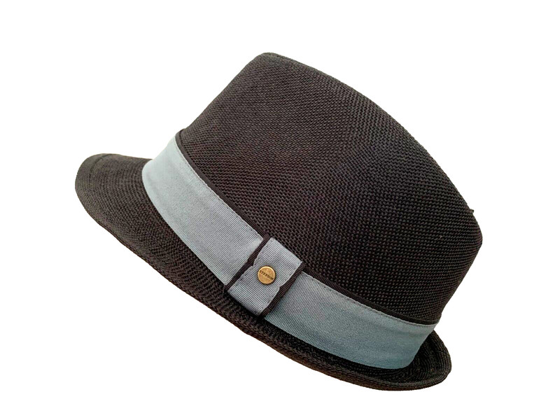 STETSON Traveler Hat Black Woven Gray Ribbon Band Logo Stud Fedora Size  Medium