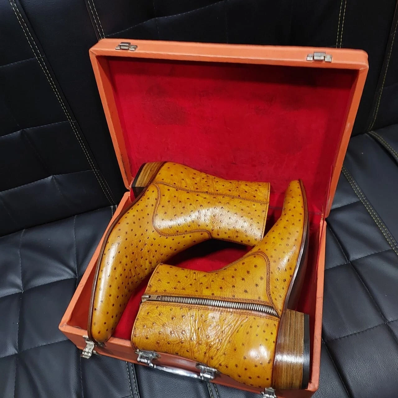 Custom made Formal Tan Ostrich Textured Leather Pull On Ankle High Ankle Boots