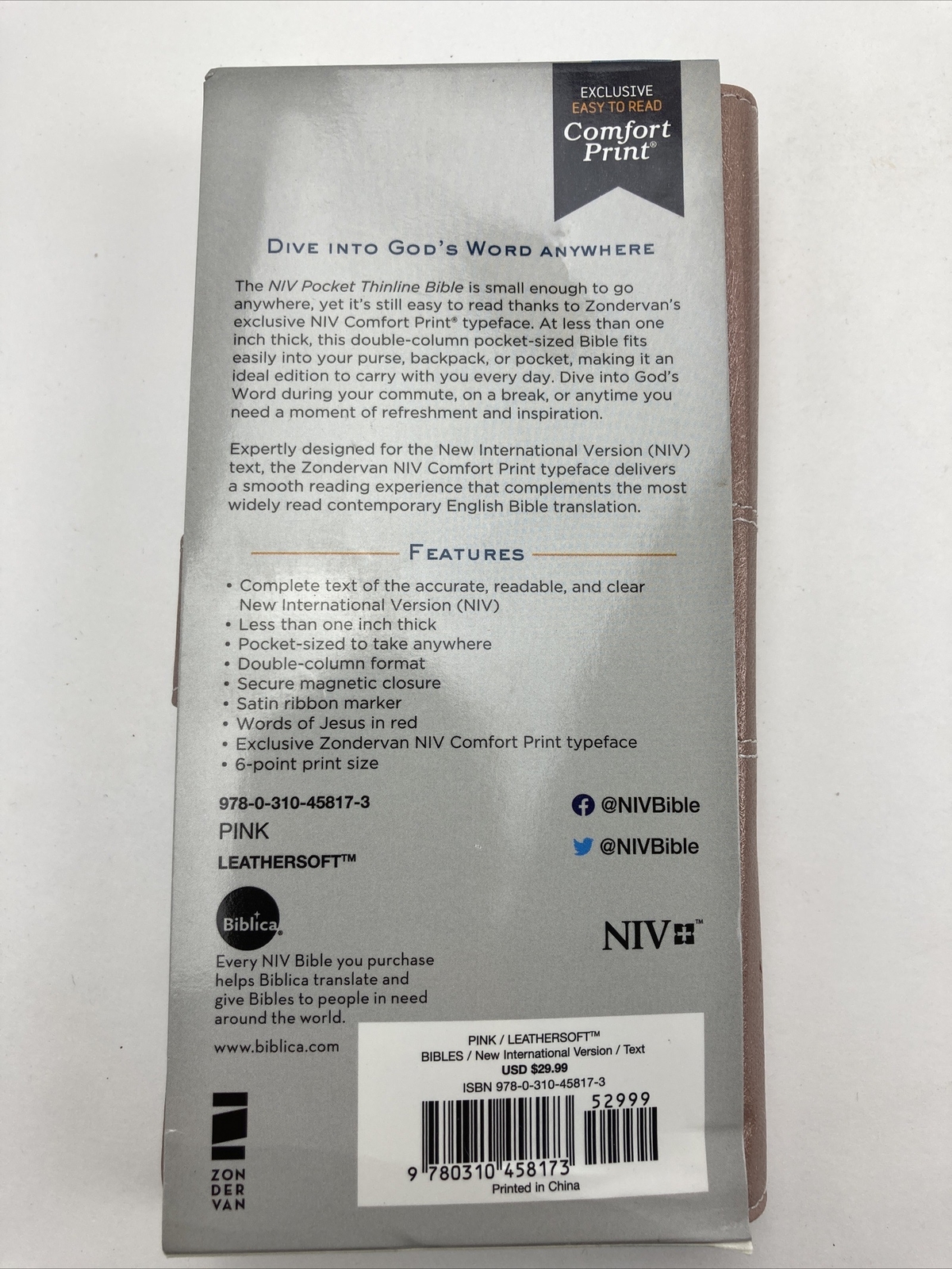 NIV Pocket Thinline Bible, Leathersoft, Pink, Snap Closure, Red Letter