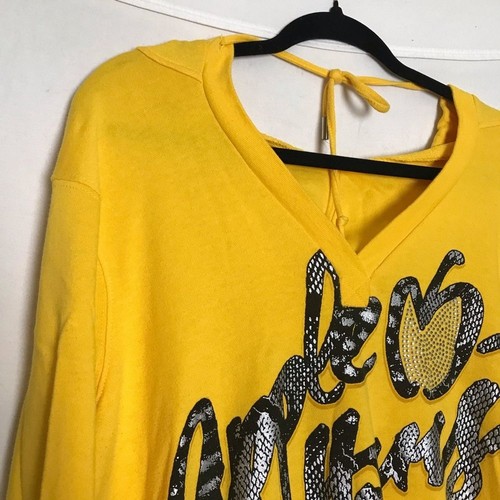 Apple Bottoms Women Y2K Rhinestone Grahic Hooded Sweater Dress 2X Yellow Mcbling - Picture 3 of 15