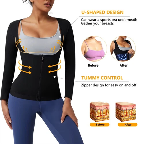 Damen Sauna Anzug Schwitzen Schlankmacher Weste Body Shaper Reißverschluss Langarm Fitnessstudio Tops - Bild 5 von 13
