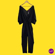 V BY VERY Women's Pliss  Belted Jumpsuit, V-Neck, Wing Sleeves, Black, UK 14